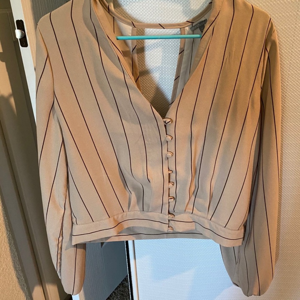Tan and black stripped button-up blouse